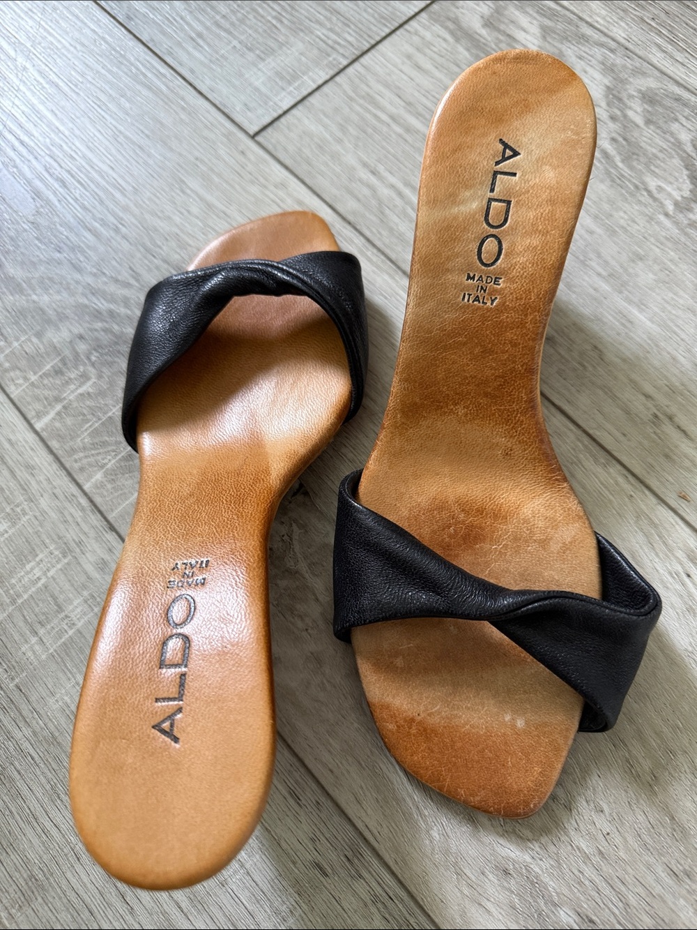 Aldo Black Twisted Leather Slide Mules with Tan Footbed